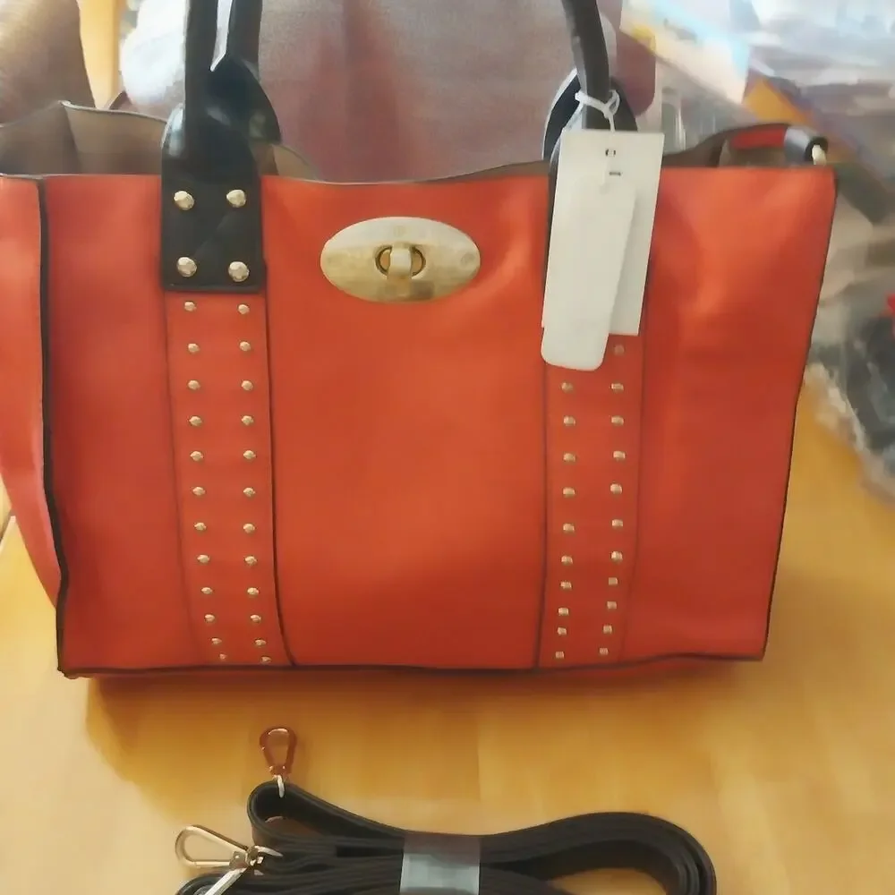 Charming Charlie Orange and Black Studded Satchel